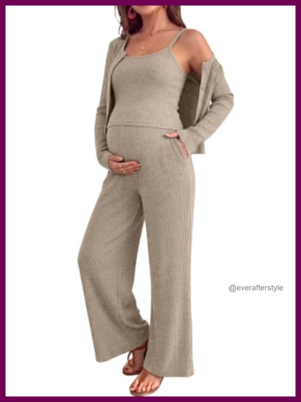 Maternity 3 Piece Ribbed Knit Lounge Set Cardigan Tank Wide Leg Pants